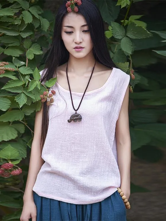 3 Colors Sleeveless Ramie Cotton T-shirt