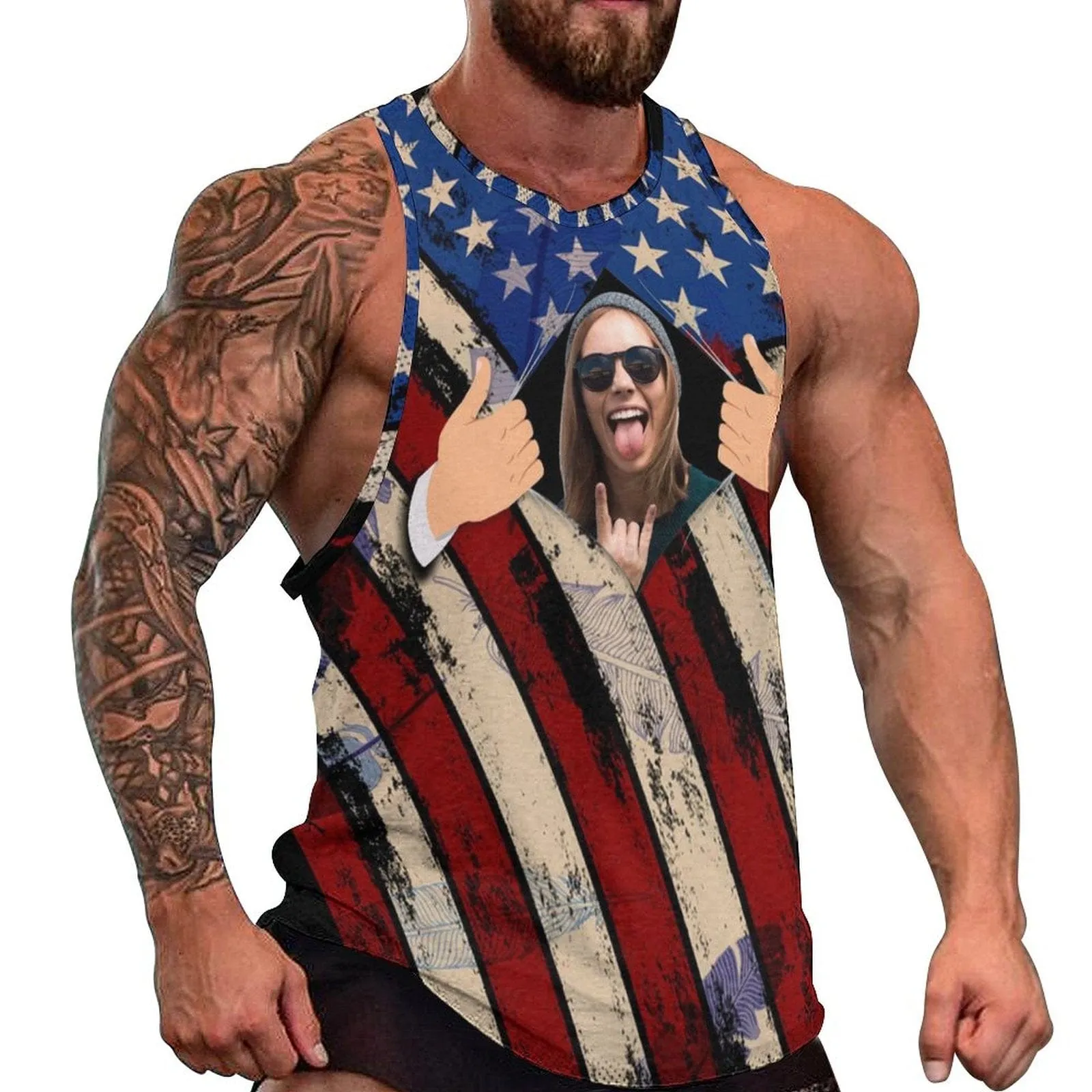 American Flag Men's Tank Top Personalized Tank Tops for Men Custom Photo Sleeveless Shirt