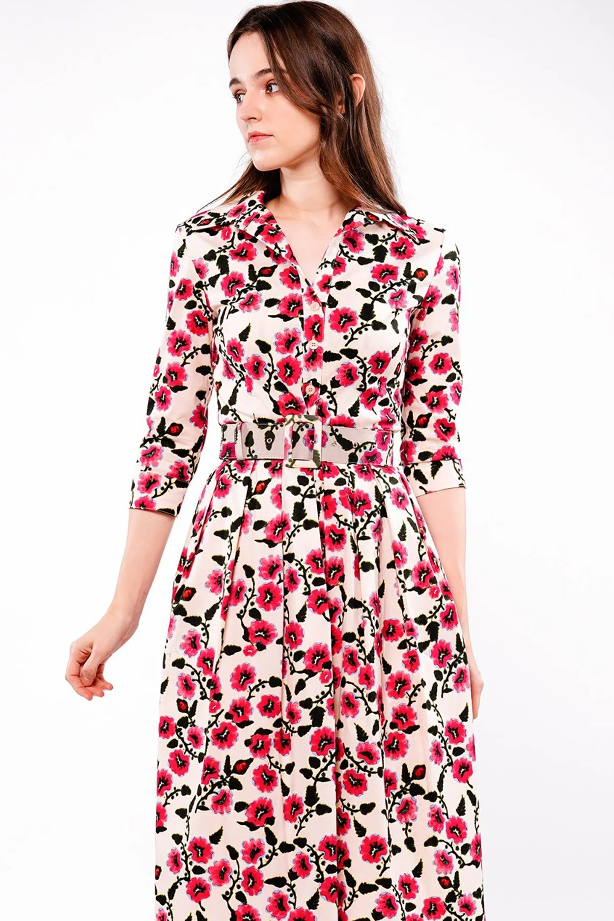 Audrey Dress #1 Shirt Collar 3/4 Sleeve Long Length Cotton Stretch (Azalea Flower Small)