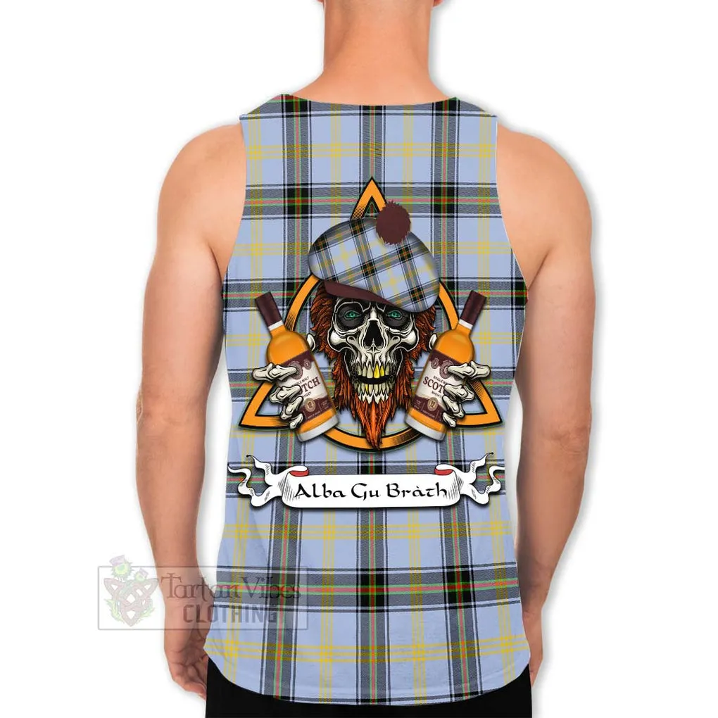 Bell Tartan Men's Tank Top with Family Crest and Bearded Skull Holding Bottles of Whiskey