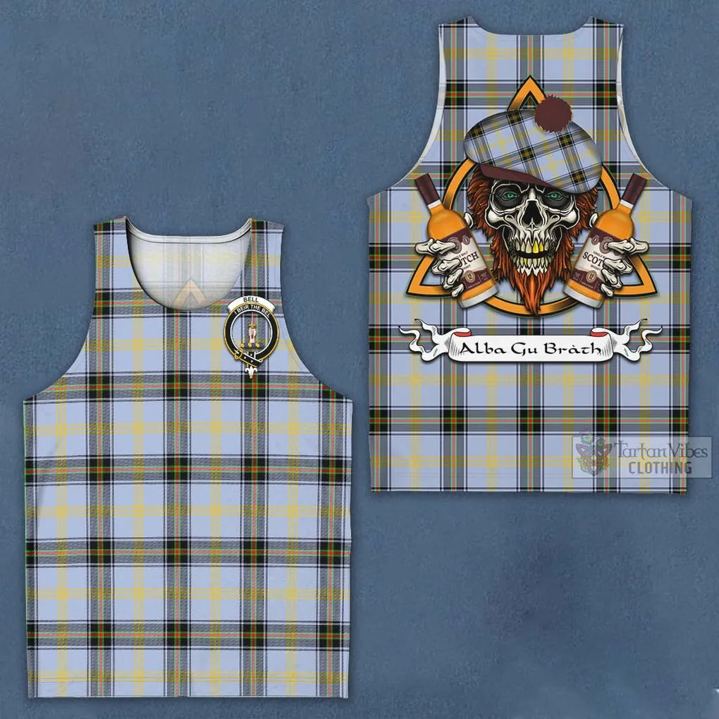 Bell Tartan Men's Tank Top with Family Crest and Bearded Skull Holding Bottles of Whiskey