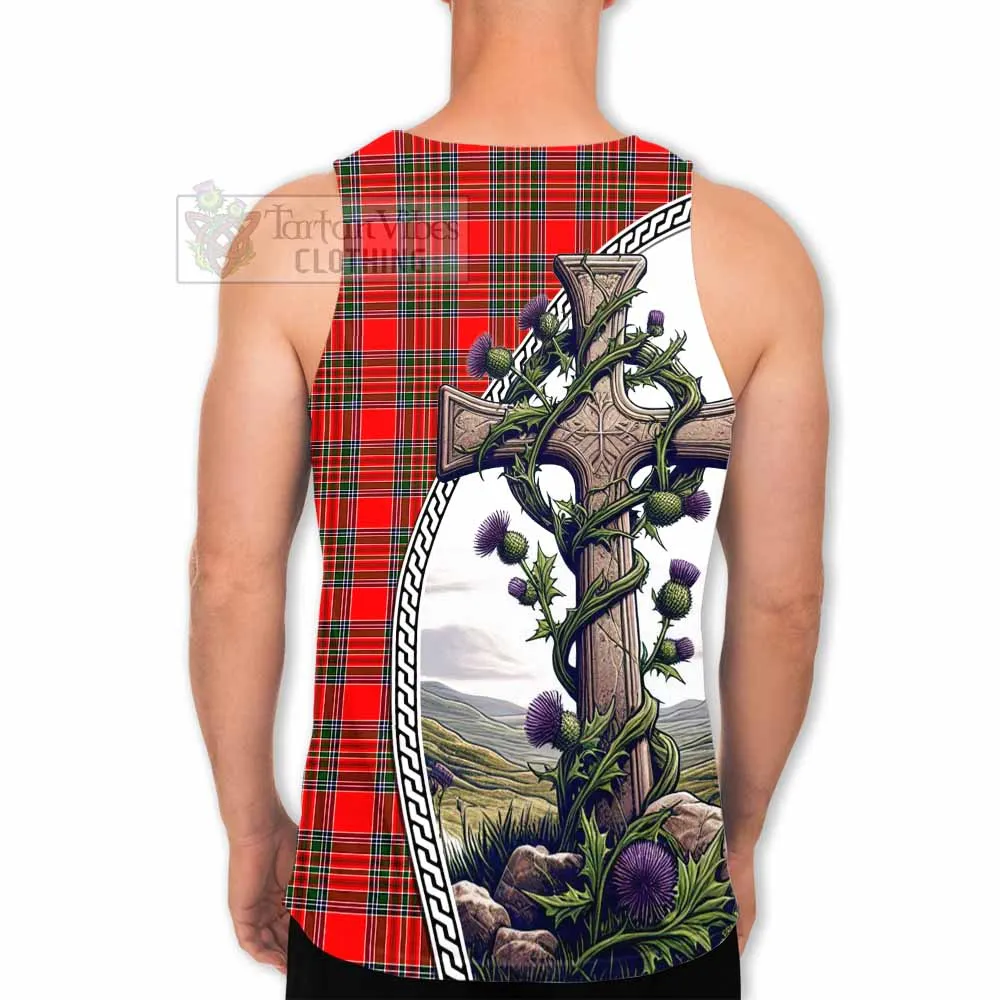 Binning Tartan Men's Tank Top with Family Crest and St. Andrew's Cross Accented by Thistle Vines