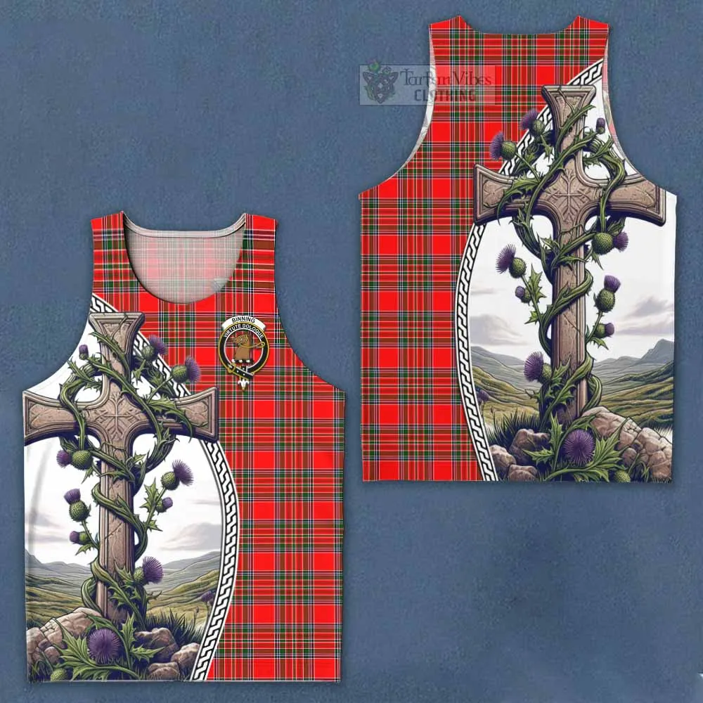 Binning Tartan Men's Tank Top with Family Crest and St. Andrew's Cross Accented by Thistle Vines