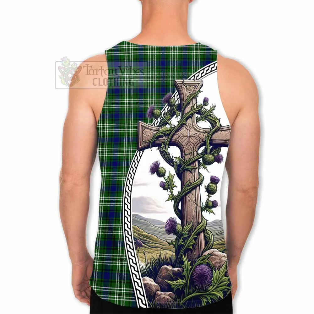 Blackadder Tartan Men's Tank Top with Family Crest and St. Andrew's Cross Accented by Thistle Vines