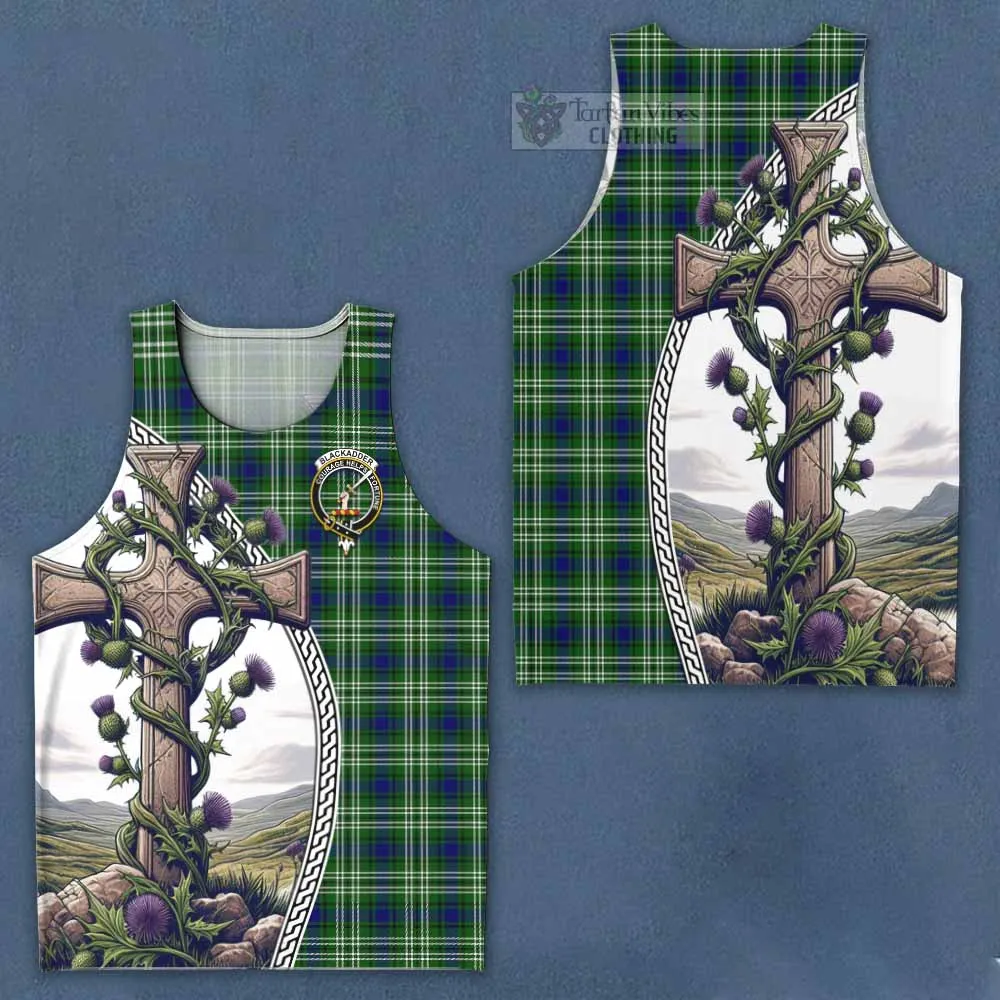 Blackadder Tartan Men's Tank Top with Family Crest and St. Andrew's Cross Accented by Thistle Vines