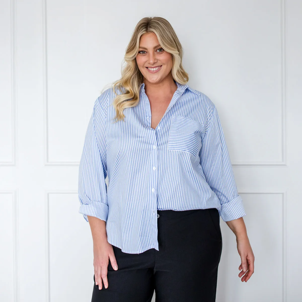 Cassandra relaxed stretch cotton shirt - blue white stripe