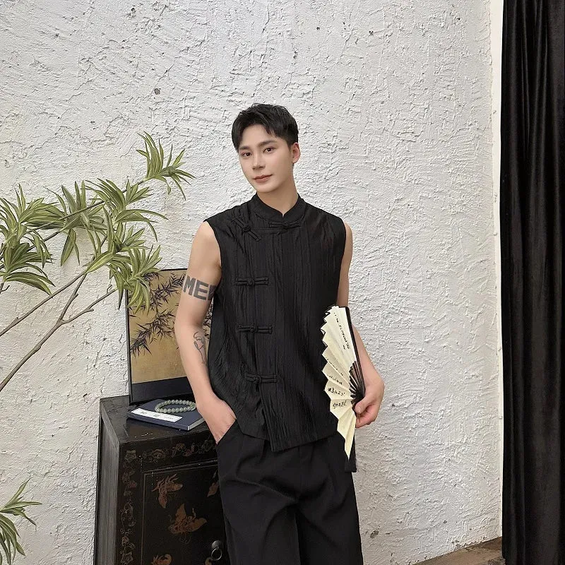 Chinese Style Men's Tank Tops Pleated Loose Simple Stand Collar Sleeveless Trend Male Tops Summer Vest 9C6116