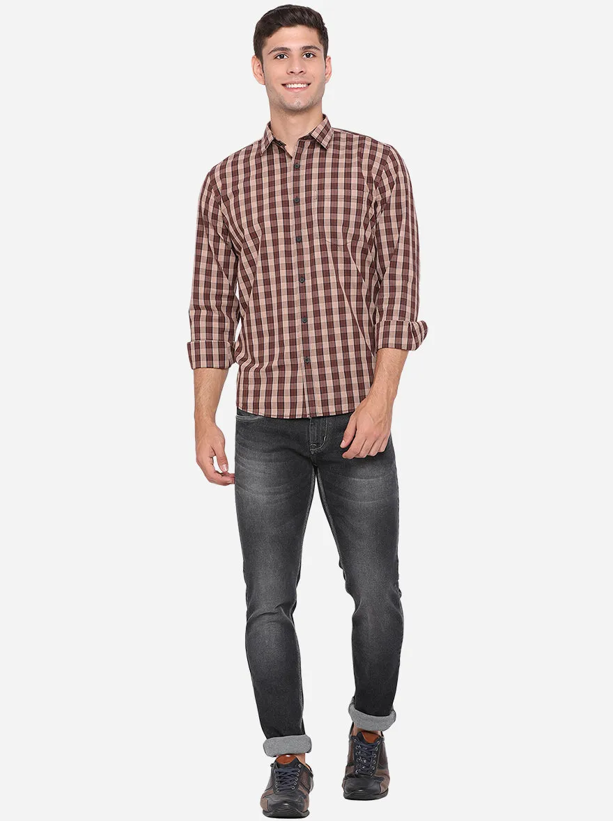 Coffee Brown Checked Regular Fit Casual Shirt | Greenfibre