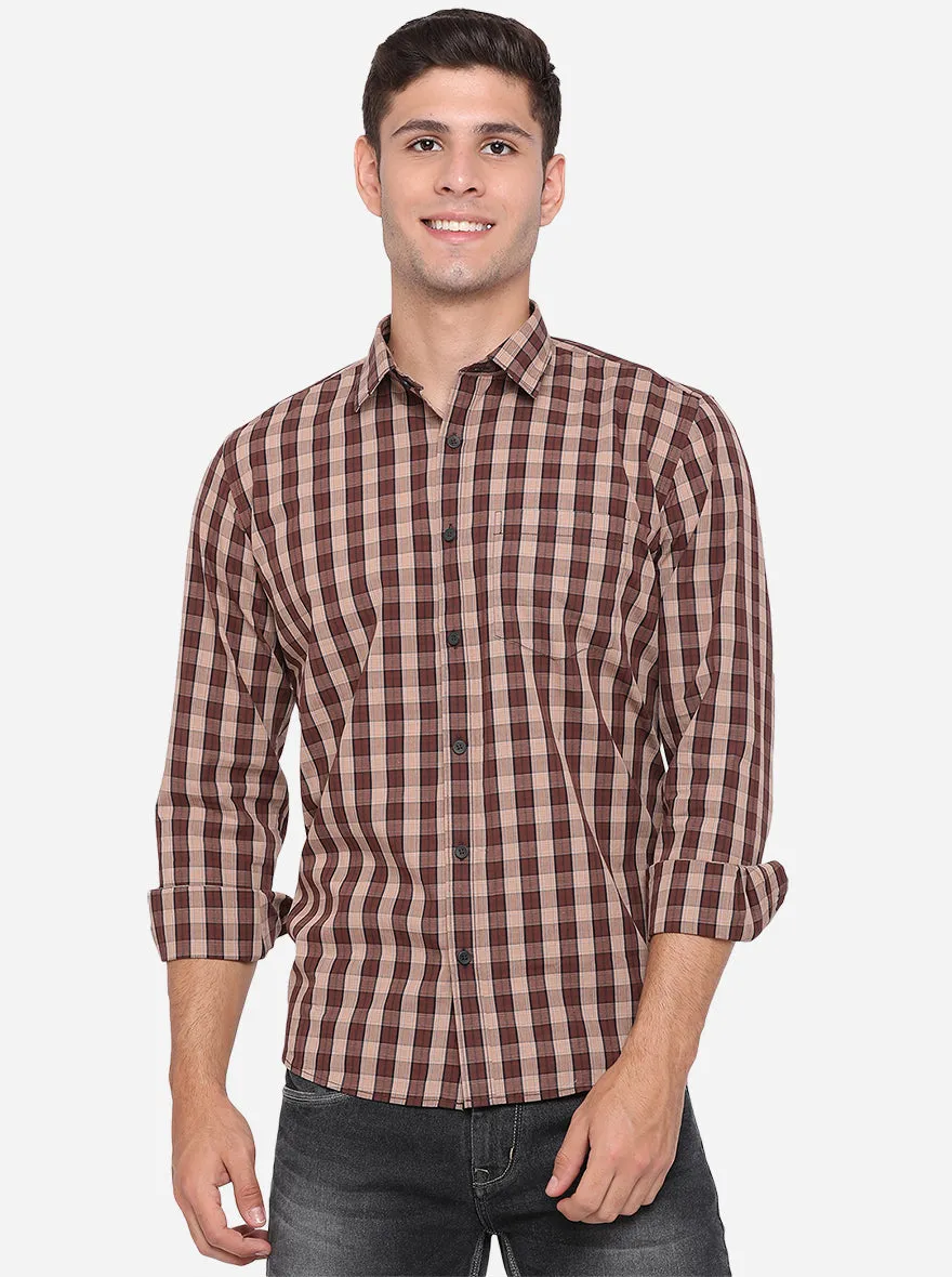 Coffee Brown Checked Regular Fit Casual Shirt | Greenfibre