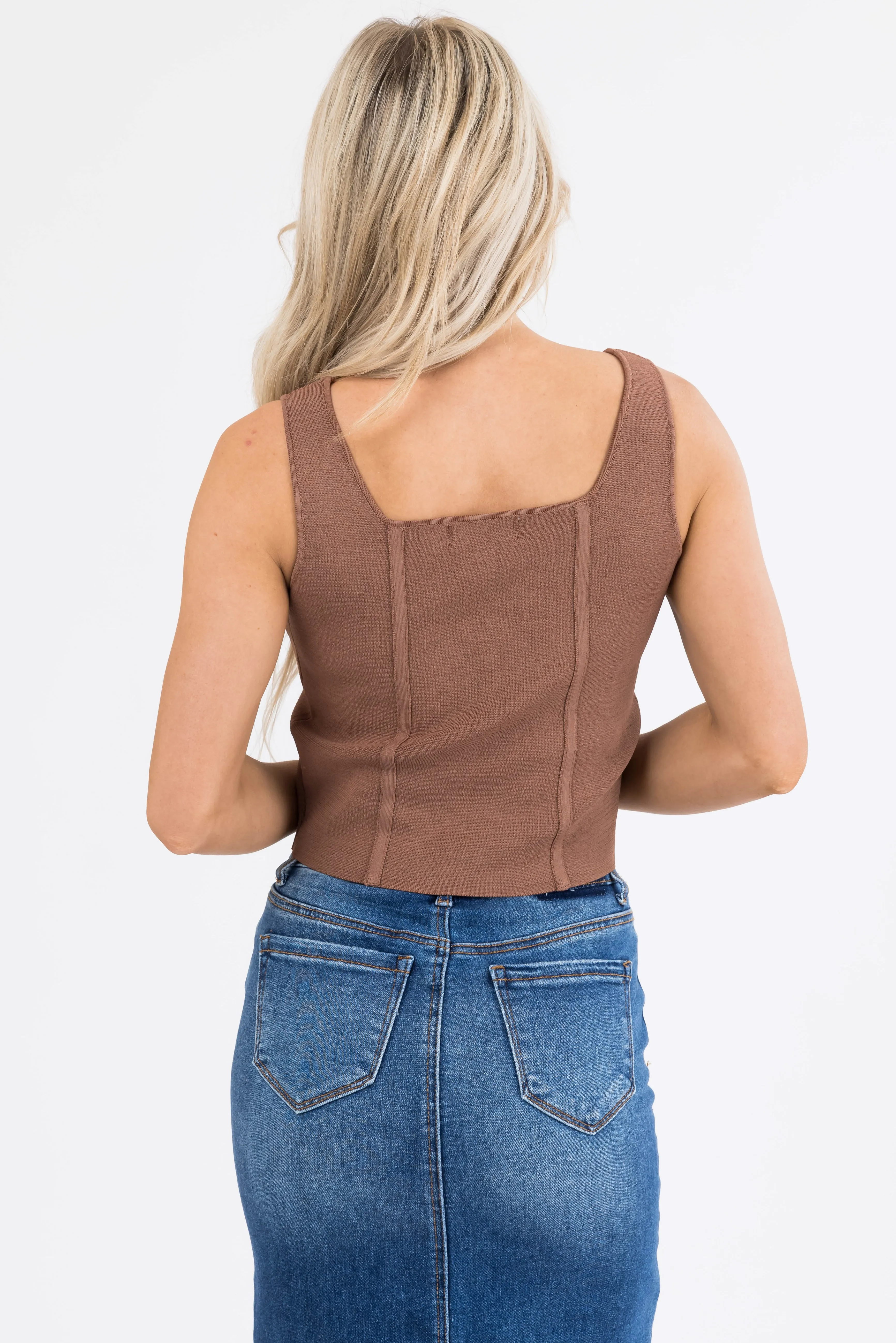 Coffee Square Neck Thick Sleeveless Crop Top