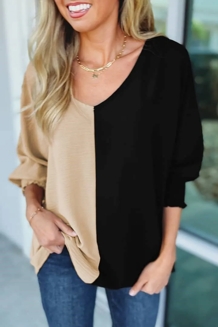 Color block with shirred Sleeves Top