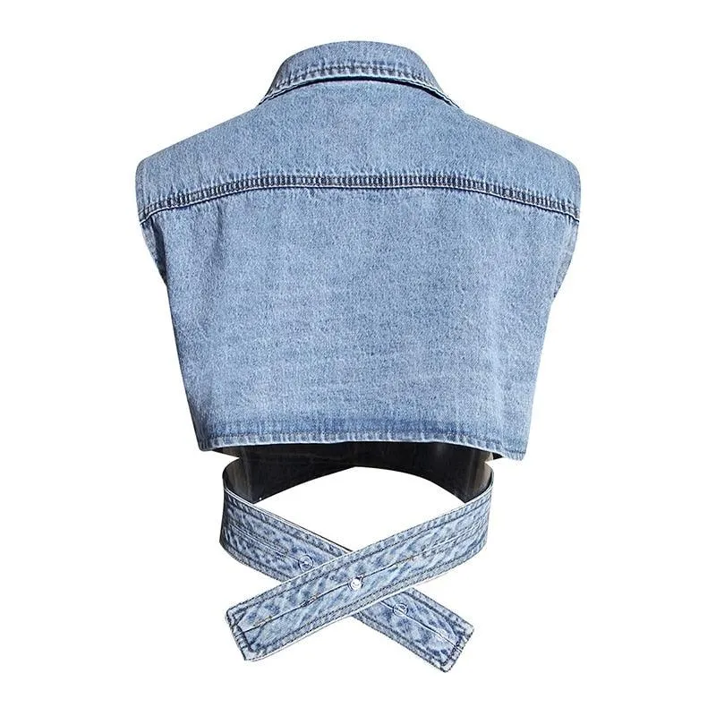 Cropped Cross Denim Sleeveless Jacket