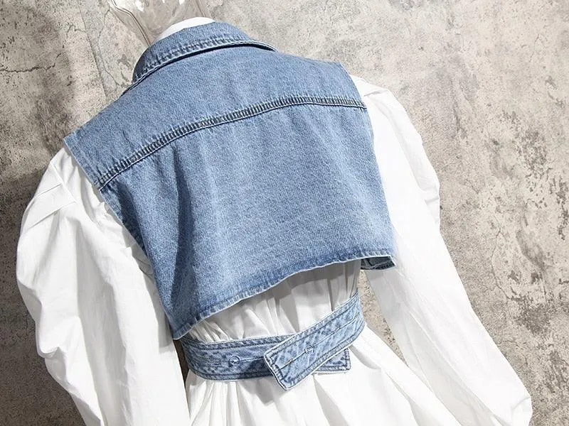 Cropped Cross Denim Sleeveless Jacket