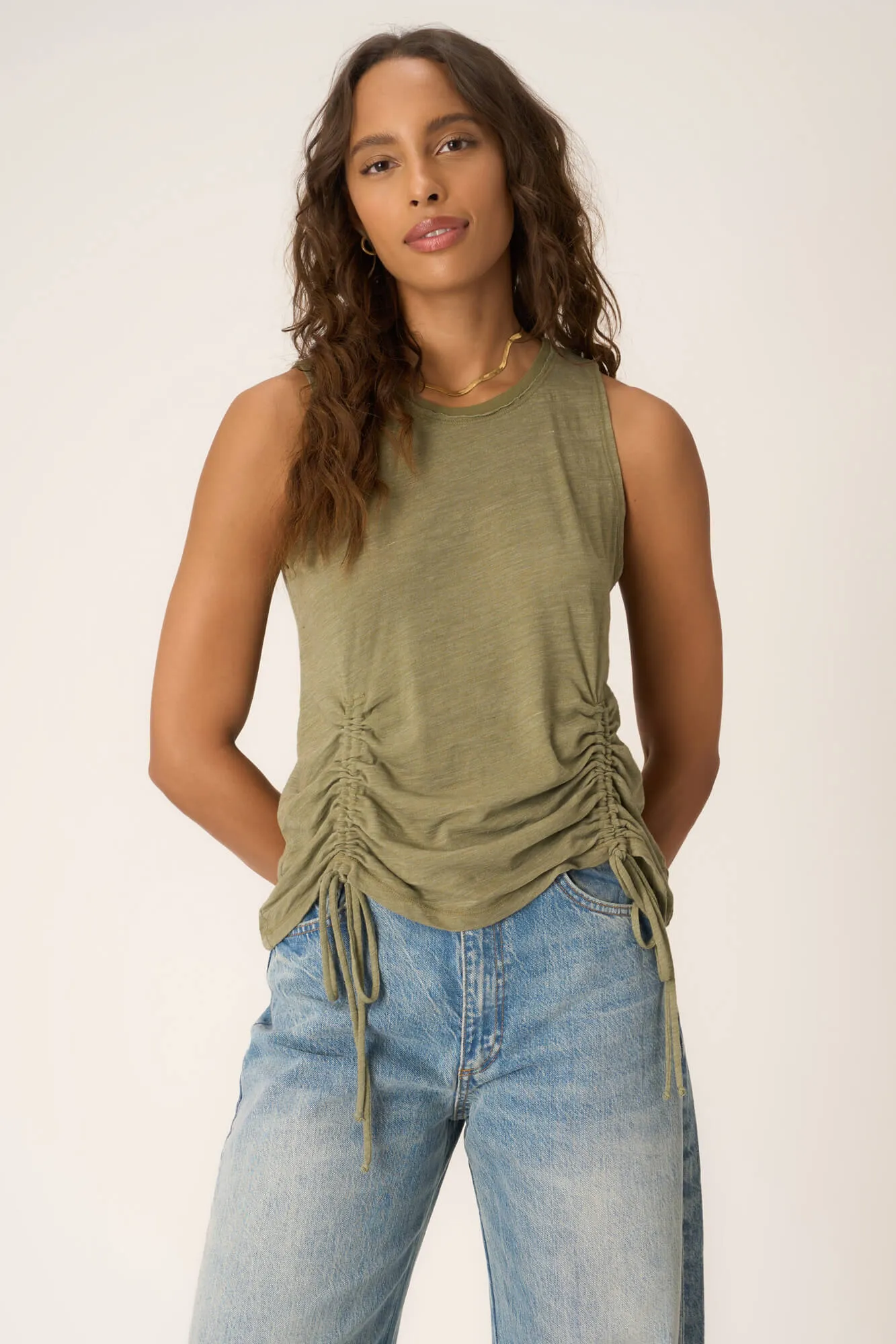 Crush Ruched Front Slub Tank - Sea Kelp