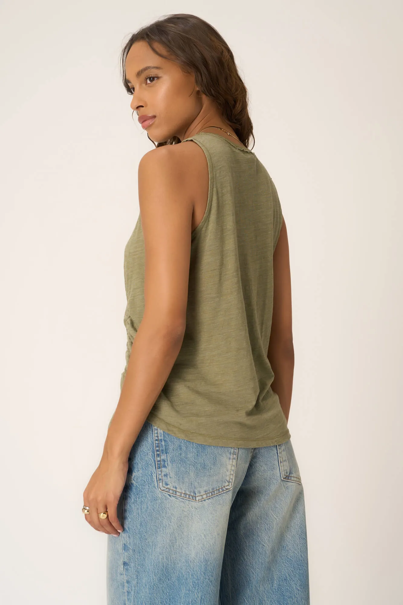 Crush Ruched Front Slub Tank - Sea Kelp