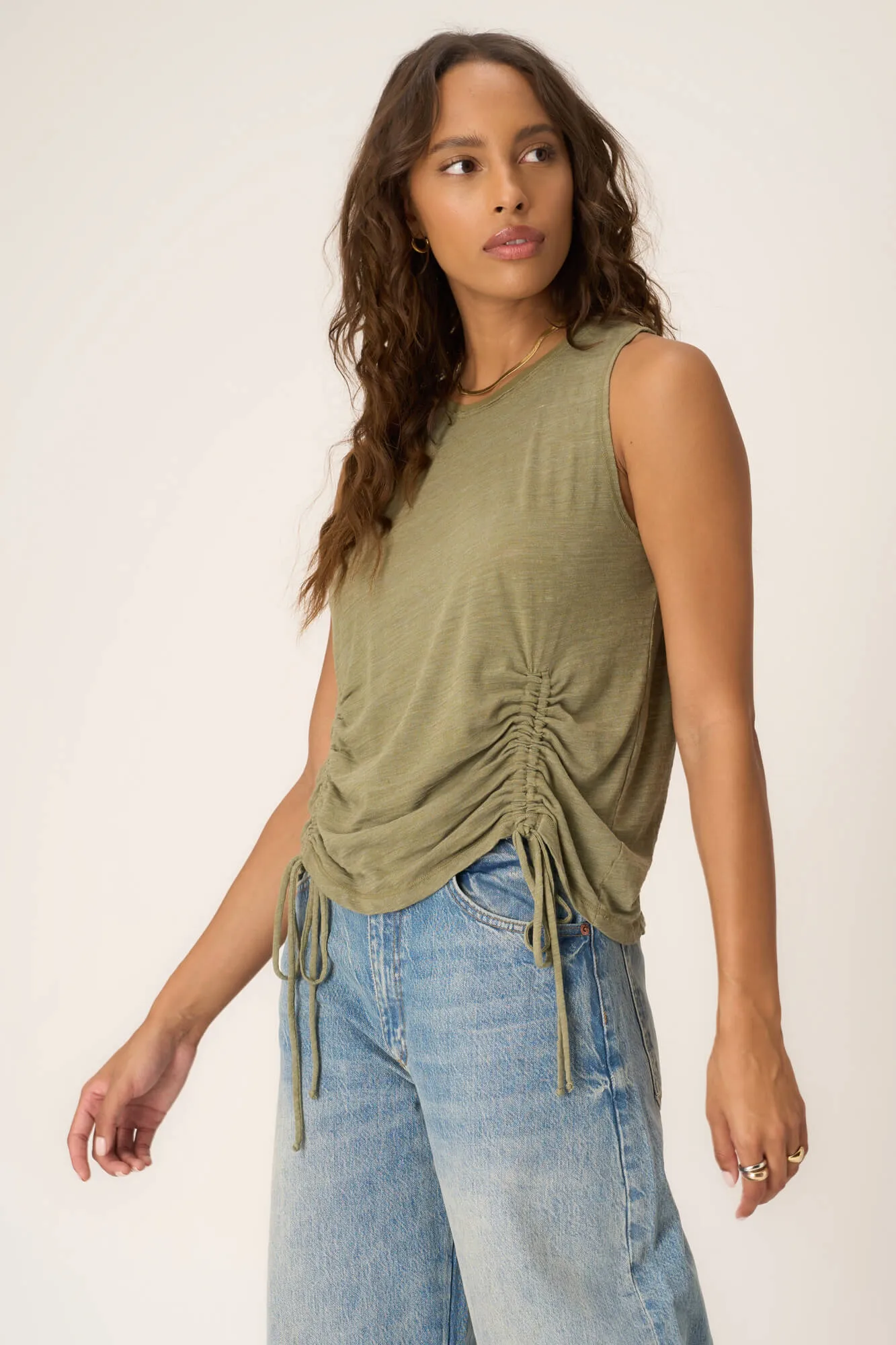 Crush Ruched Front Slub Tank - Sea Kelp