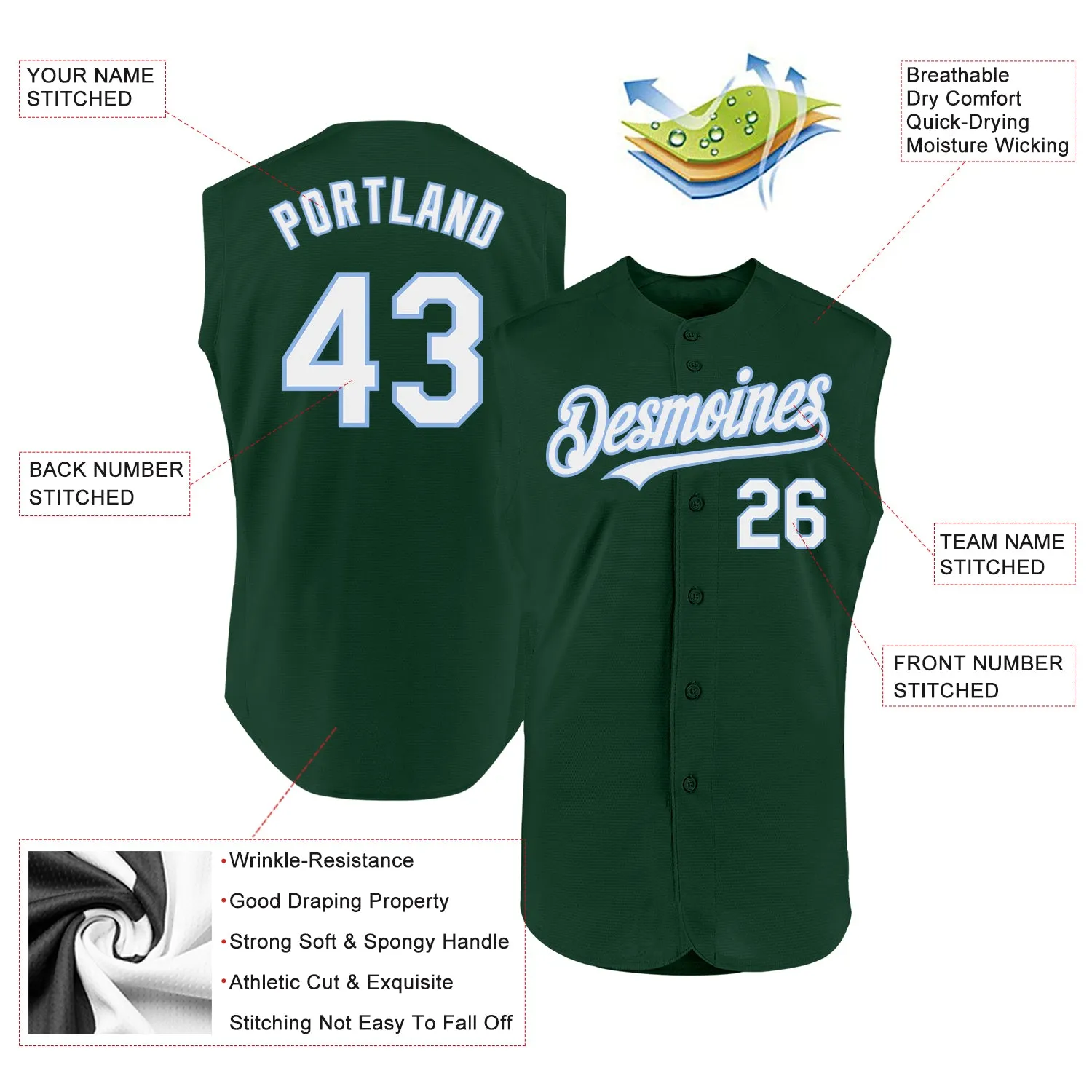 Custom Green White-Light Blue Authentic Sleeveless Baseball Jersey