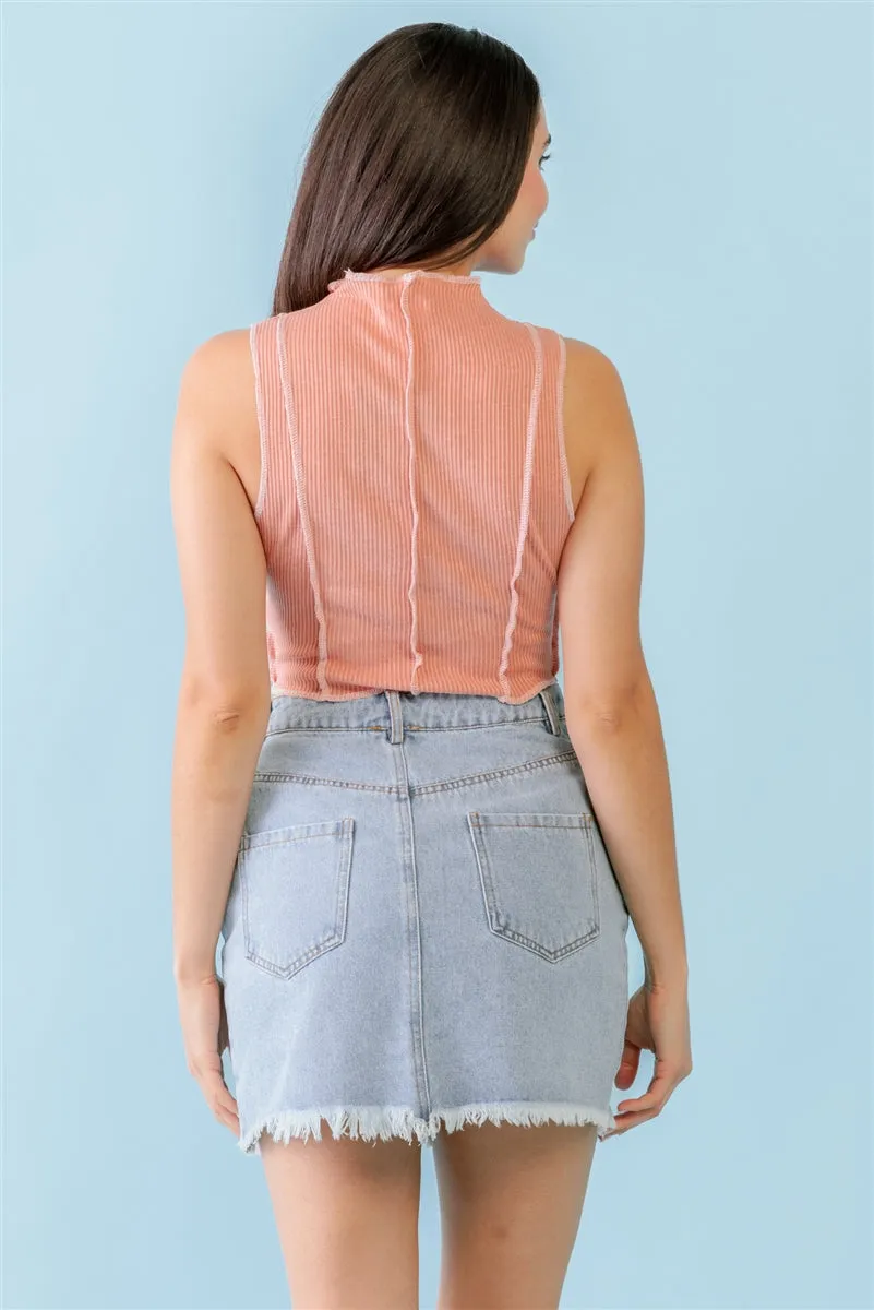 Dark Peach Ribbed Sleeveless Mock Neck Crop Top