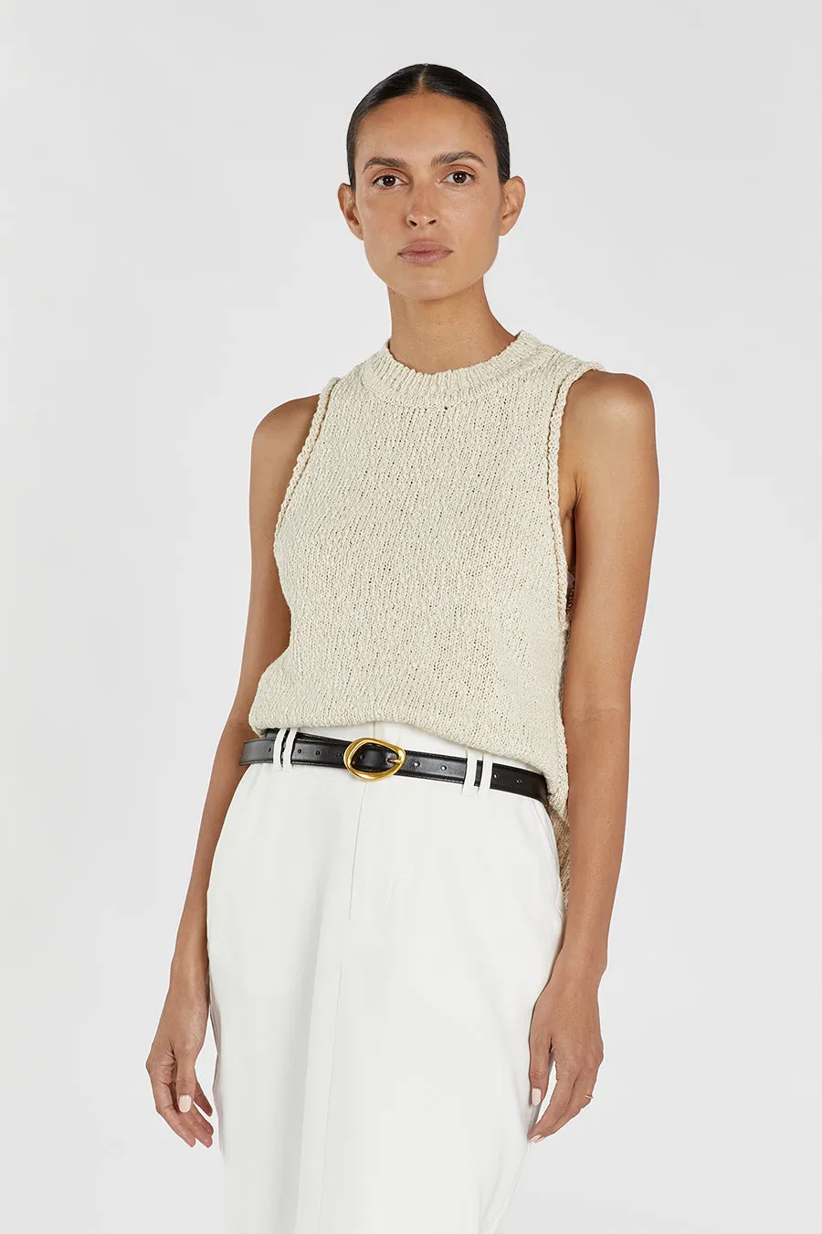 DION NATURAL BOUCLE CREW NECK TOP