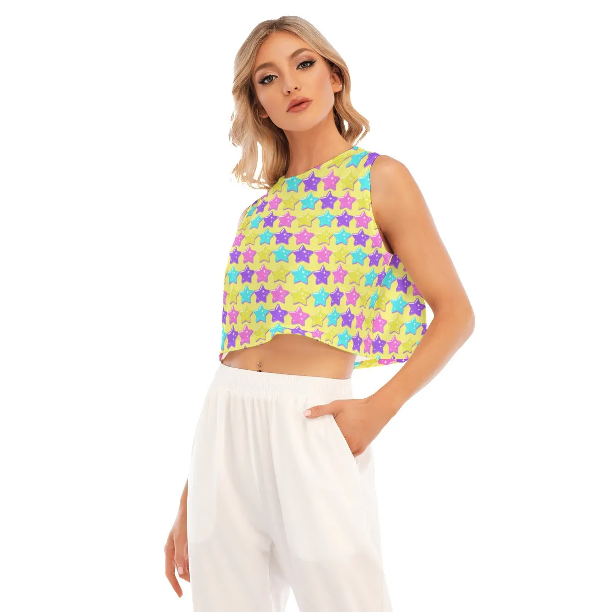 Electric Star Wave Yellow Sleeveless Relaxed Fit Crop Top