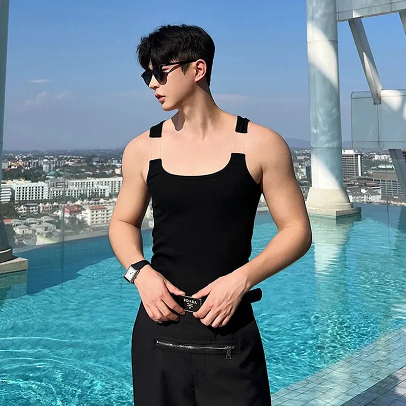 Fashion Male Vest Patchwork Personality Sleeveless Top Men's Solid Color Slim T-shirt Spring Trendy 9A8204