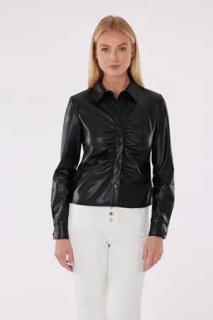 Faux Leather Button-Up Shirt with Ruching Detail