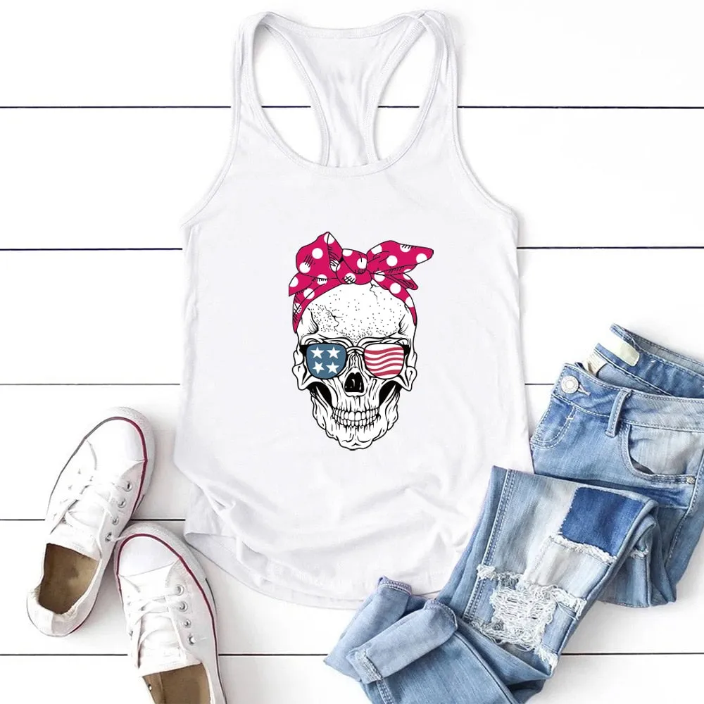 FREE  Shipping  Skull Scarf Sunglasses Print Tank Top