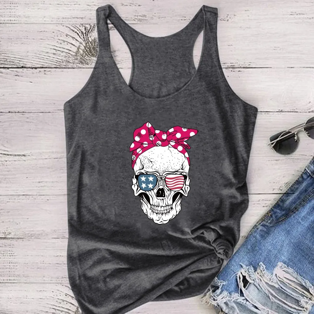 FREE  Shipping  Skull Scarf Sunglasses Print Tank Top