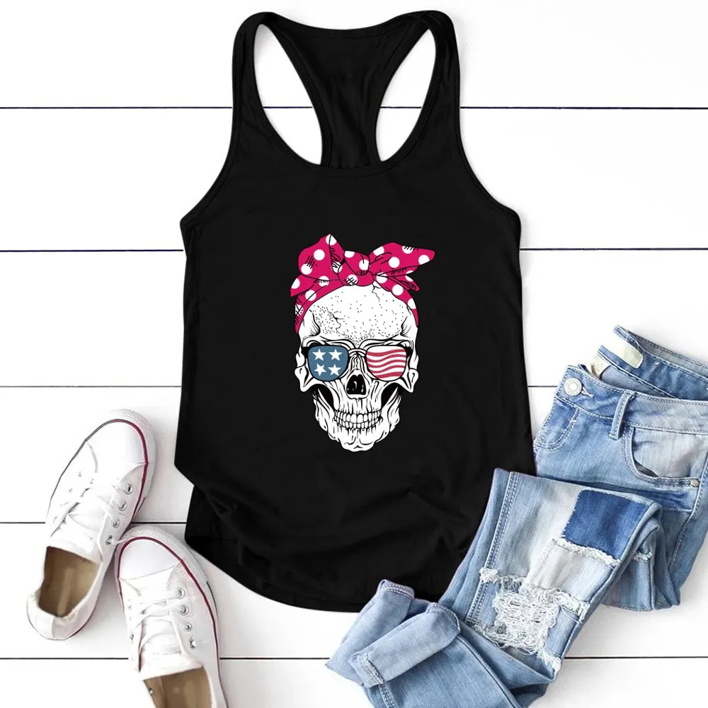 FREE  Shipping  Skull Scarf Sunglasses Print Tank Top