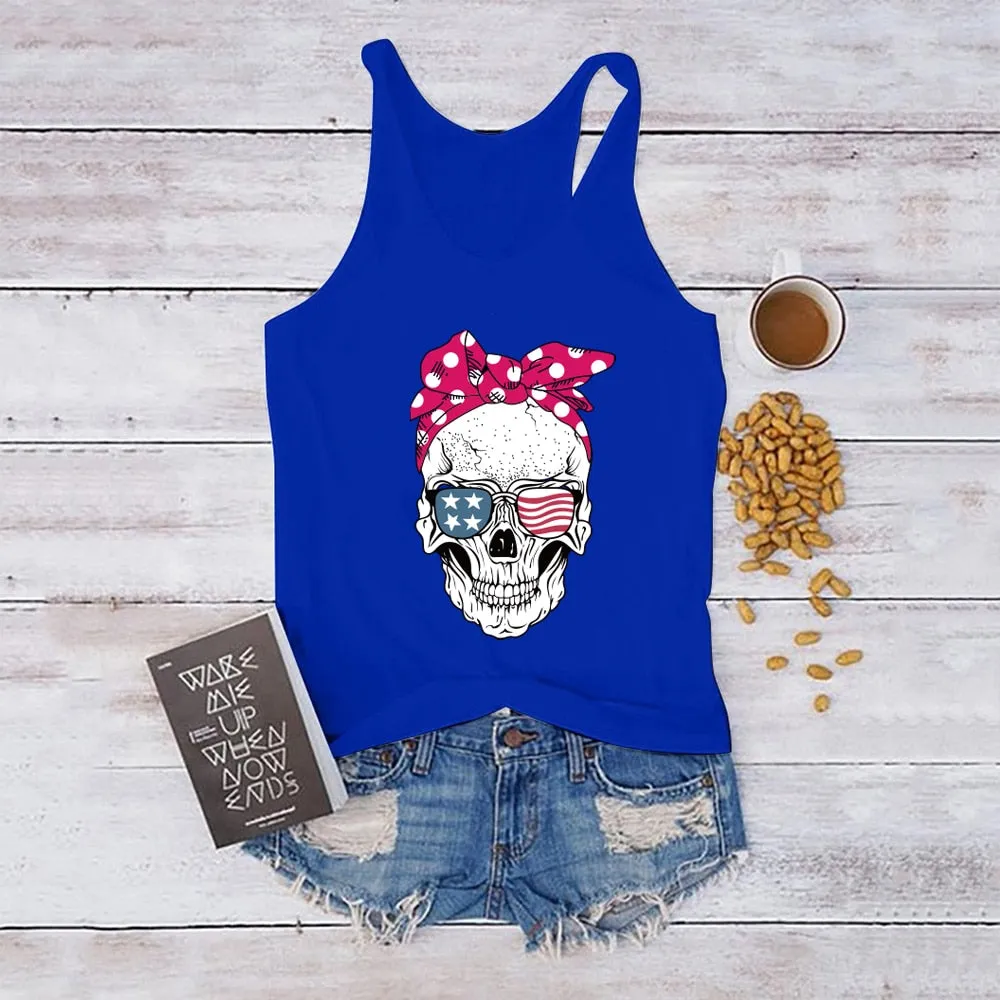 FREE  Shipping  Skull Scarf Sunglasses Print Tank Top