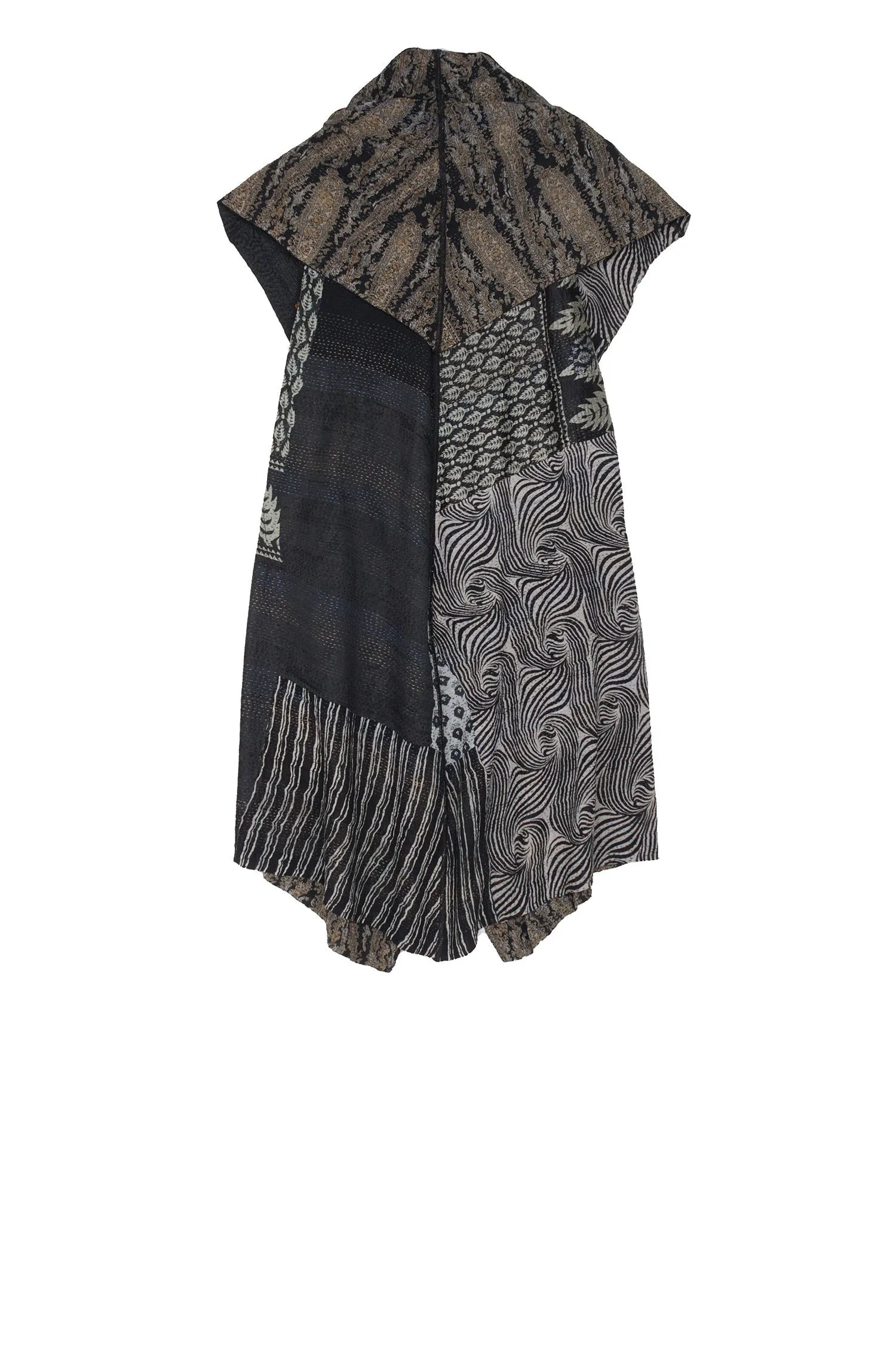 GEORGETTE VINTAGE SILK PATCH KANTHA CIRCULAR VEST - gs2201-blk -