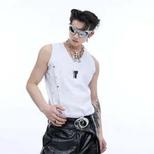 High Street Men's Vest Metal Pleated Design Round Neck Sleeveless Casual Male Tank Tops Stylish Summer 9C6750