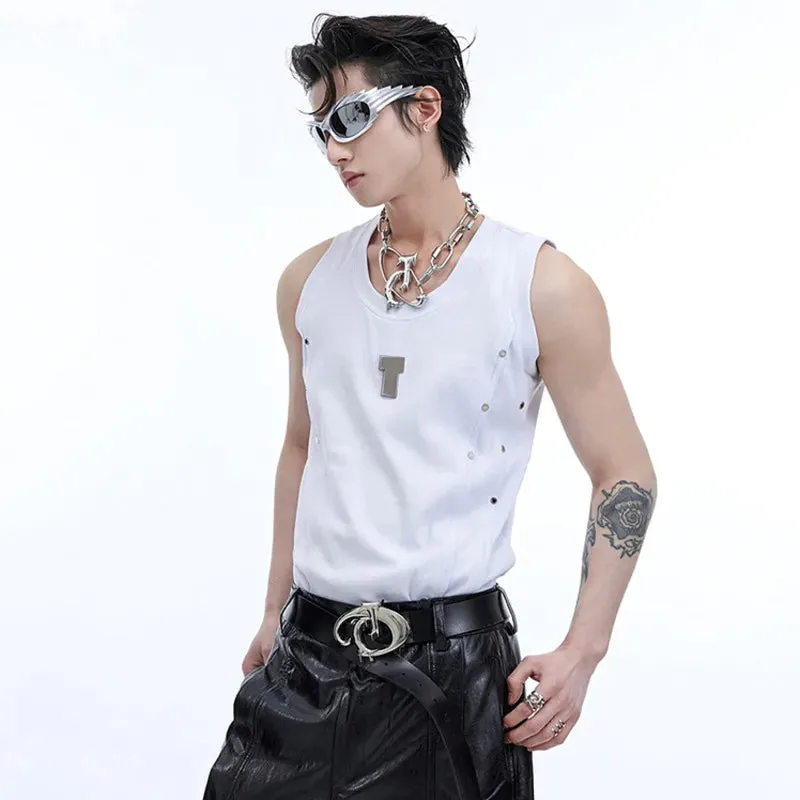 High Street Men's Vest Metal Pleated Design Round Neck Sleeveless Casual Male Tank Tops Stylish Summer 9C6750