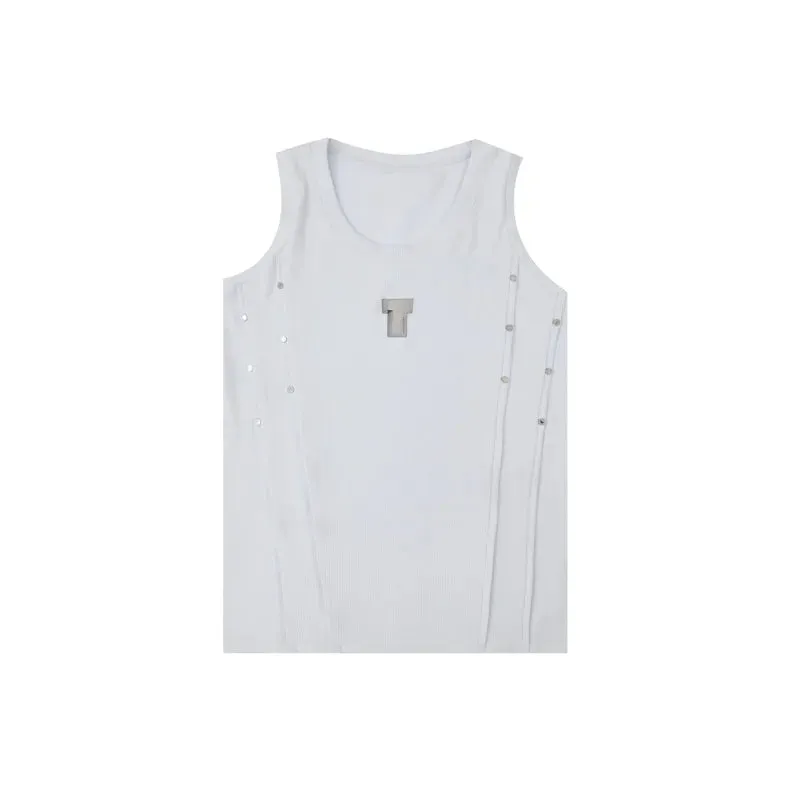 High Street Men's Vest Metal Pleated Design Round Neck Sleeveless Casual Male Tank Tops Stylish Summer 9C6750