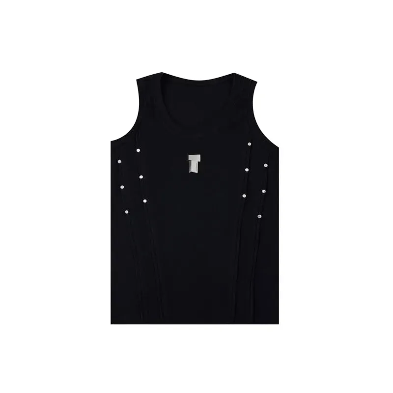 High Street Men's Vest Metal Pleated Design Round Neck Sleeveless Casual Male Tank Tops Stylish Summer 9C6750