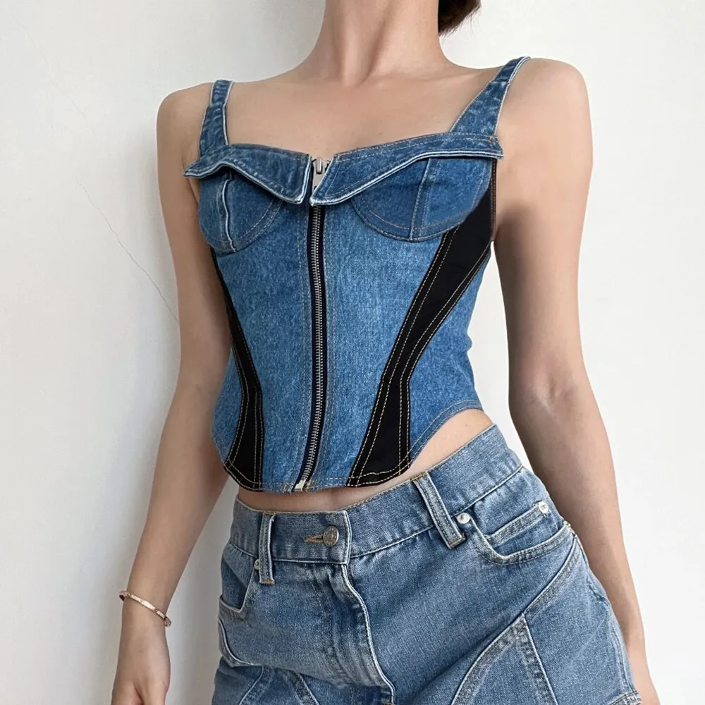 Hit Color Denim Tank Top For Women Square Collar Sleeveless Slimming Patchwork Zipper Sexy Vest Female Fashion