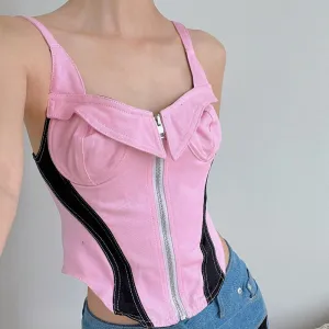 Hit Color Denim Tank Top For Women Square Collar Sleeveless Slimming Patchwork Zipper Sexy Vest Female Fashion