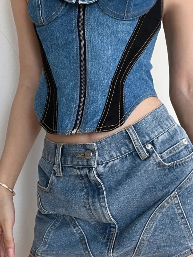 Hit Color Denim Tank Top For Women Square Collar Sleeveless Slimming Patchwork Zipper Sexy Vest Female Fashion