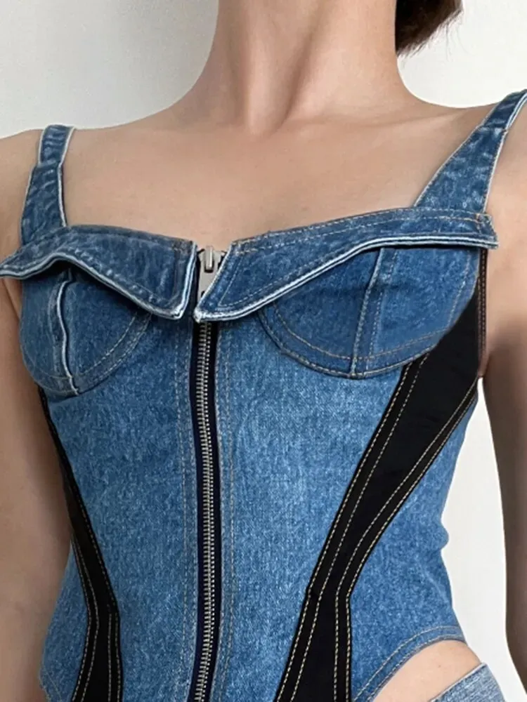 Hit Color Denim Tank Top For Women Square Collar Sleeveless Slimming Patchwork Zipper Sexy Vest Female Fashion