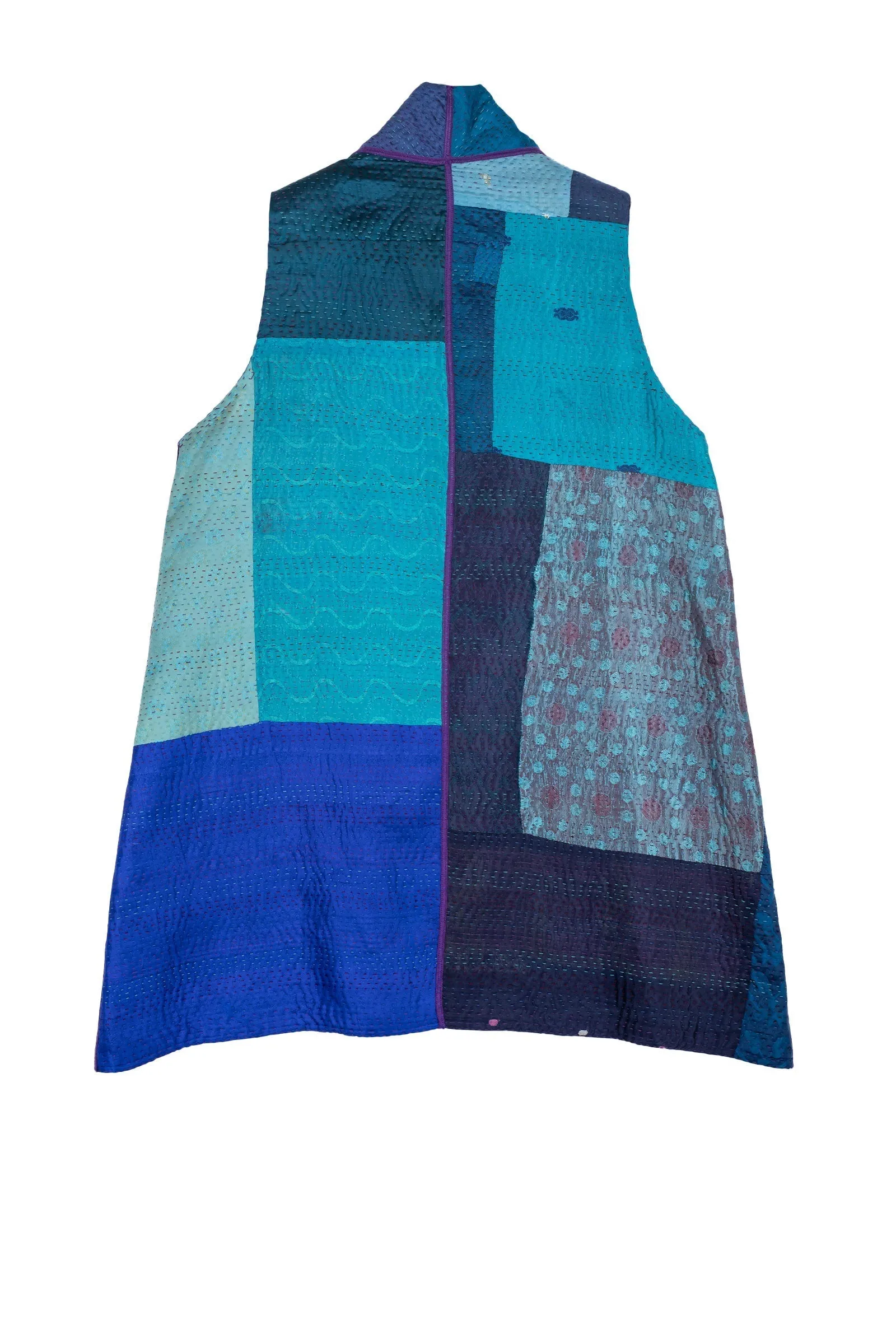 JACQUARD SILK KANTHA WING COLLAR VEST - js4207-blu -