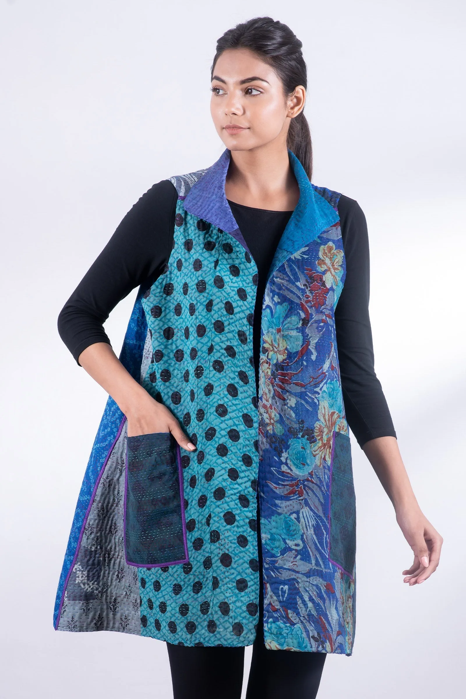 JACQUARD SILK KANTHA WING COLLAR VEST - js4207-blu -