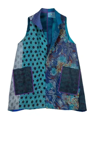 JACQUARD SILK KANTHA WING COLLAR VEST - js4207-blu -