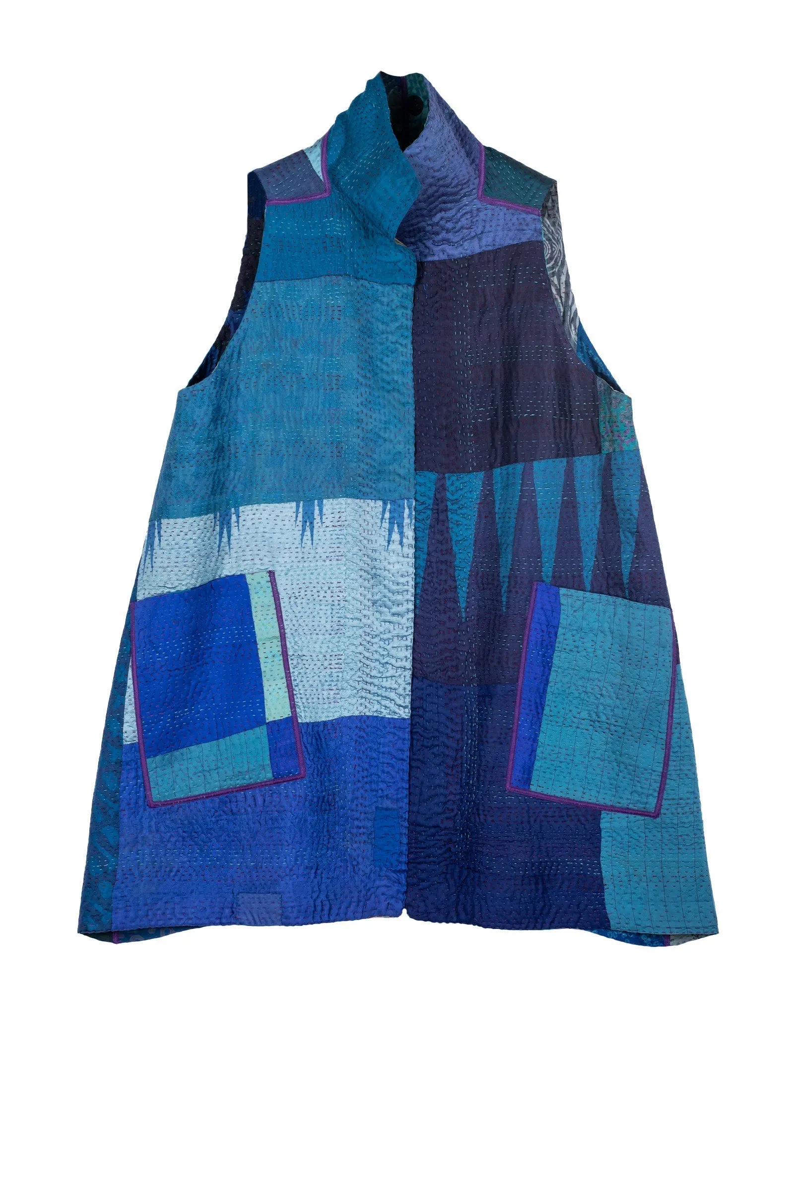 JACQUARD SILK KANTHA WING COLLAR VEST - js4207-blu -