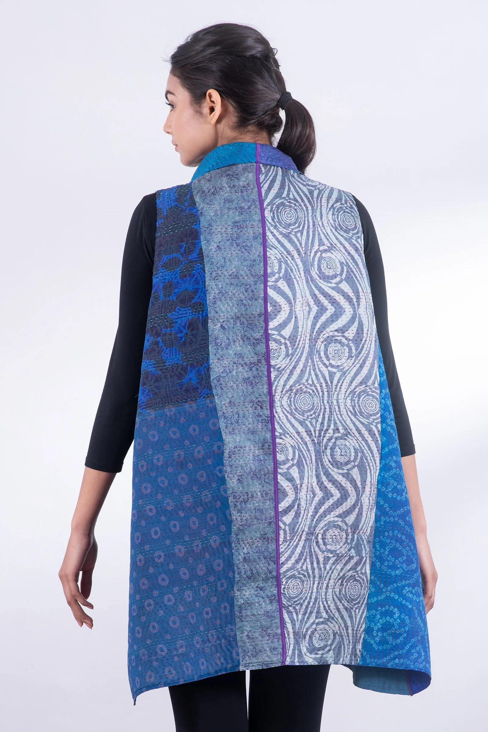 JACQUARD SILK KANTHA WING COLLAR VEST - js4207-blu -