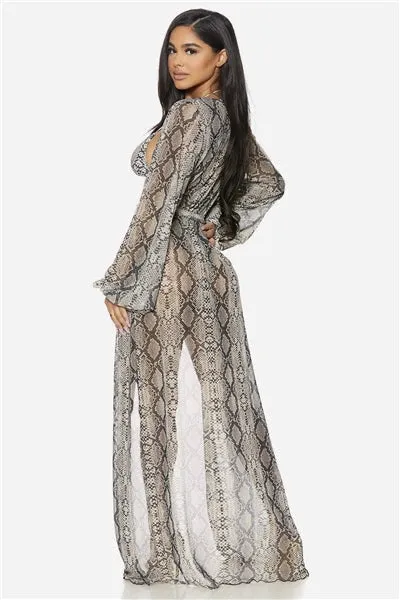 Junior Plus Snake Print Open Front Long Sleeve Kimono / Cover Up