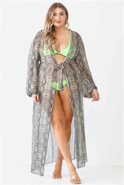 Junior Plus Snake Print Open Front Long Sleeve Kimono / Cover Up