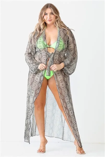 Junior Plus Snake Print Open Front Long Sleeve Kimono / Cover Up