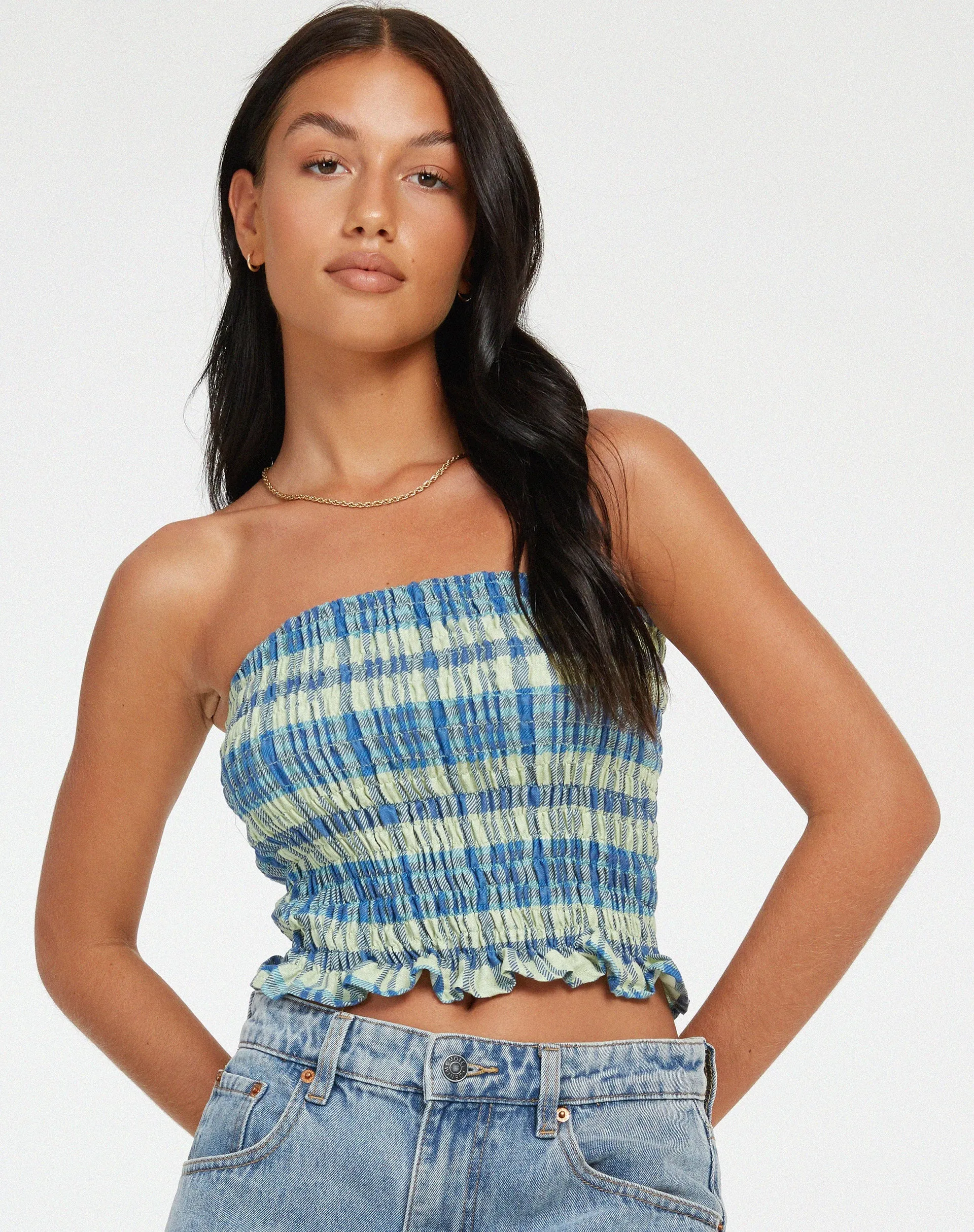 Kiyo Bandeau Top in Colourpop Check Green and Blue