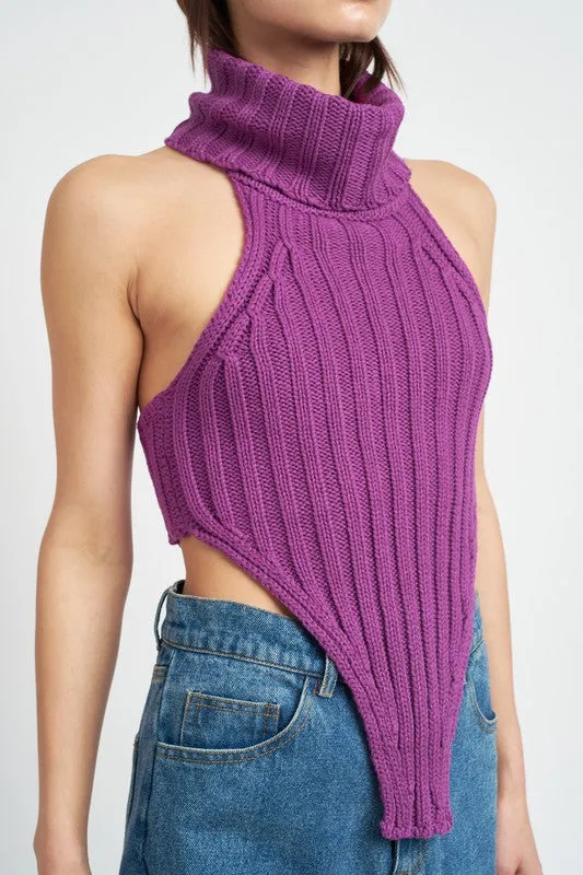 Knit Turtle Neck Open Back Crop Top