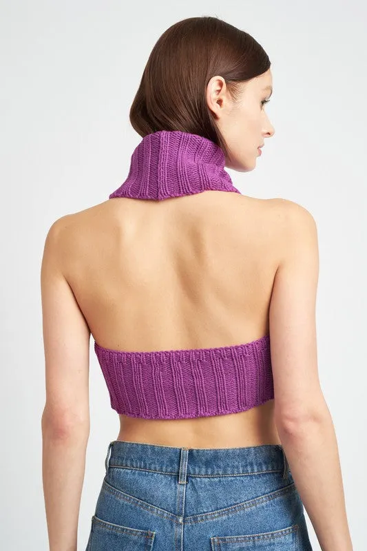 Knit Turtle Neck Open Back Crop Top